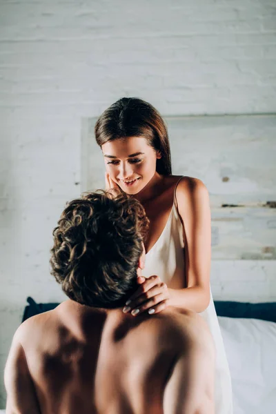 Shirtless Man Touching Seductive Woman Satin Nightdress Bed — Stock Photo, Image