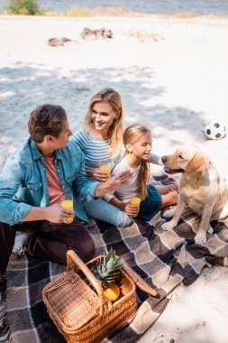 Kadının elinde bir bardak portakal suyu tutarken eş ve kızın yanında Golden Retriever ile plajda olduğu seçici odak noktası. 