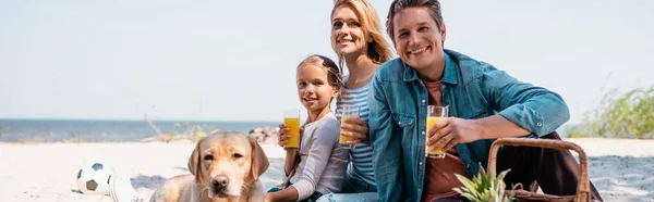 Panoramic Shot Family Glasses Orange Juice Sitting Golden Retriever Beach — Stock Photo, Image