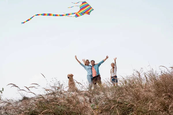 Enfoque Selectivo Familia Con Cometa Golden Retriever Agitando Las Manos — Foto de Stock