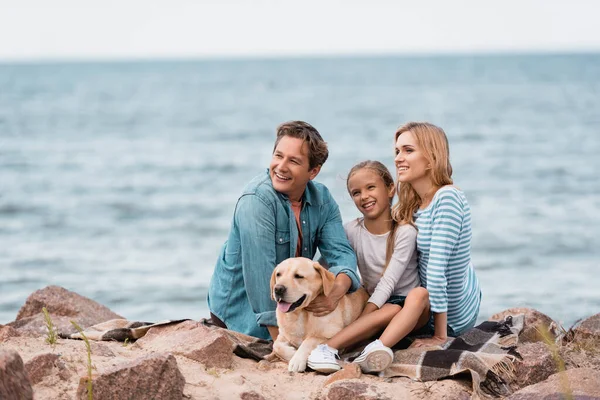 Selective Focus Family Golden Retriever Sitting Blanket Beach — Stock Photo, Image