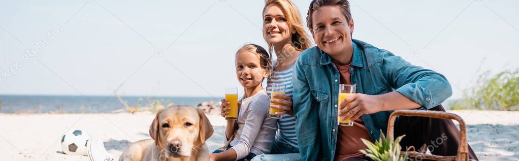 Panoramic shot of family with glasses of orange juice sitting near golden retriever on beach 