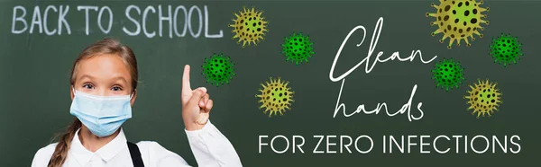 horizontal image of schoolgirl in medical mask pointing with finger near chalkboard and clean hands for zero infections lettering in classroom