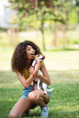 Ağzını açıp köpeğe bakan seçici bir genç kadın.