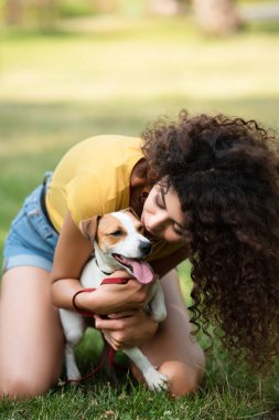 Çimenlerde oturan ve köpeği öpen genç bir kadının seçici odağı.