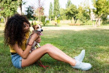 Çimenlerde oturan ve Jack Russell Terrier köpeğini tutan genç bir kadının yan görüntüsü. 