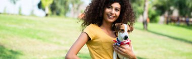 horizontal crop of joyful, curly woman looking at camera while holding jack russell terrier dog clipart