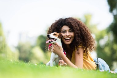 Jack Russell terrier köpeğini çimenlikte kucaklarken kameraya bakan neşeli, kıvırcık kadının yüzey manzarası.