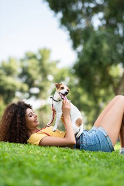 Yazlık kıyafetli neşeli kadın yeşil çimlerde Jack Russell Terrier köpeğiyle yatıyor.