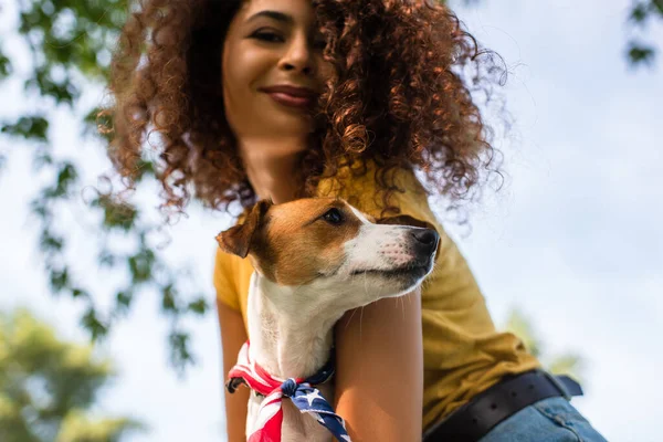 Bajo Ángulo Vista Alegre Rizado Mujer Celebración Jack Russell Terrier — Foto de Stock