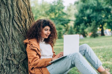 Genç serbest çalışanın seçici odak noktası parktaki dizüstü bilgisayarı kullanmak. 