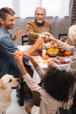 Golden Retriever ve ailesinin Şükran Günü 'nü kutlamak için dekoratif balkabağı tutan Afrikalı Amerikalı kızın seçici odak noktası.