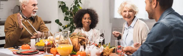 Panoramic Crop Senior Man Holding Bottle White Wine Thanksgiving Dinner — Stock Photo, Image