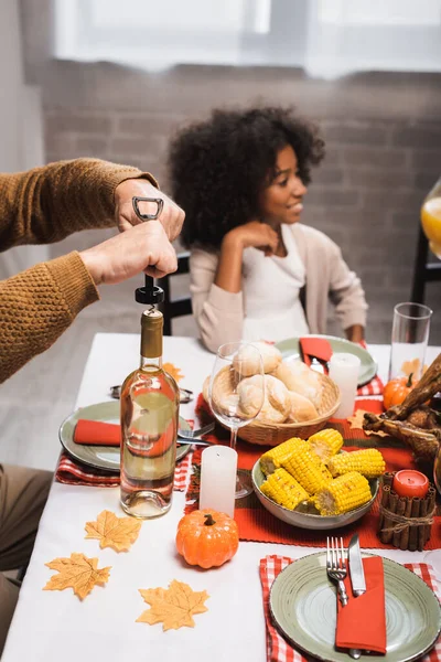 Selective Focus Senior Man Opening Bottle White Wine African American — Stock Photo, Image