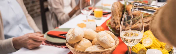 Selective Focus Delicious Buns Corn Glass White Wine Table Served — Stock Photo, Image