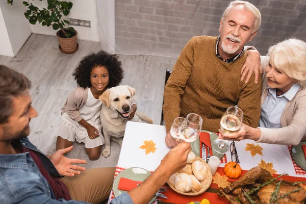 感謝祭の夕食の間にアフリカ系アメリカ人の少女とワイングラスを掃除する家族の近くの黄金の回収者の高い角度の眺め — ストック写真