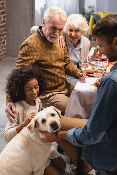 Selective Focus Golden Retriever Multicultural Family Having Thanksgiving Dinner — Stock Photo, Image