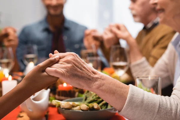 Cropped View African American Girl Senior Woman Holding Hands Thanksgiving — Stock Photo, Image