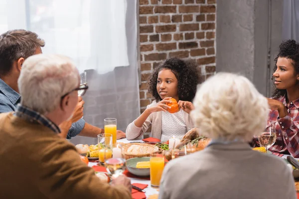 Selective Focus African American Kid Holding Pumpkin Parents Grandparents Celebration — Stock Photo, Image