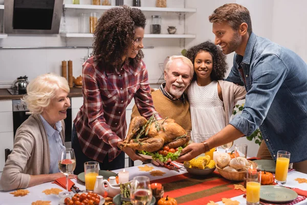 Selective Focus Man Taking Turkey African American Wife Parents Daughter — Stock Photo, Image