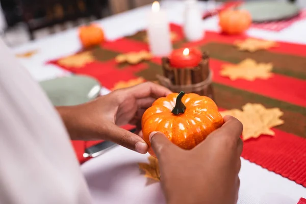 Cropped View African American Child Holding Decorative Pumpkin Thanksgiving Celebration — Stock Photo, Image