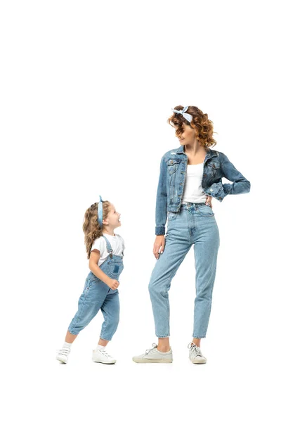 Mother Daughter Denim Outfits Looking Each Other Isolated White — Stock Photo, Image