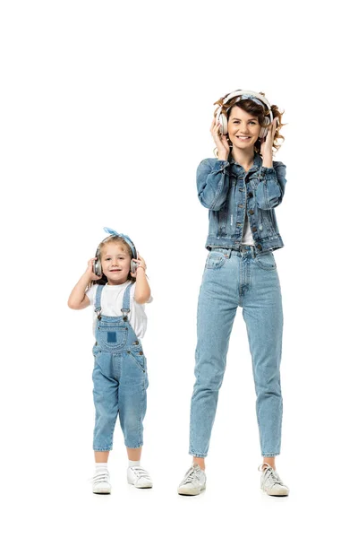 Mother Daughter Denim Outfits Listening Music Headphones Isolated White — Stock Photo, Image