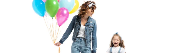 Mother Daughter Denim Outfits Colorful Balloons Holding Hands Isolated White — Stock Photo, Image