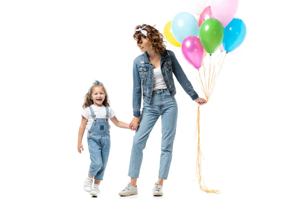 Mother Daughter Denim Outfits Colorful Balloons Holding Hands Isolated White — Stock Photo, Image