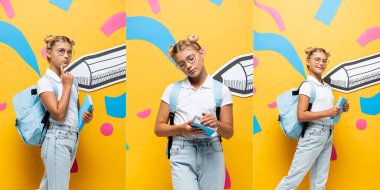 Duygusal öğrencilerin kitap tutuş kolajı, çeneye dokunmak ve kağıt kalem yakınındaki kameraya bakmak ve sarı panoramik ürünler üzerine renkli elementler.