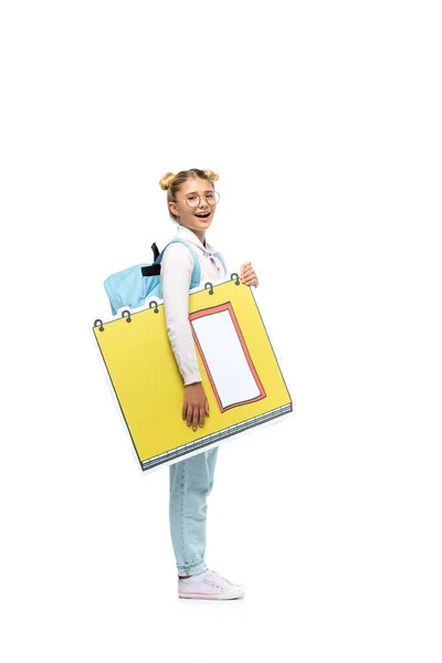 Full Length View Excited Schoolgirl Eyeglasses Holding Paper Cut Copy — Stock Photo, Image