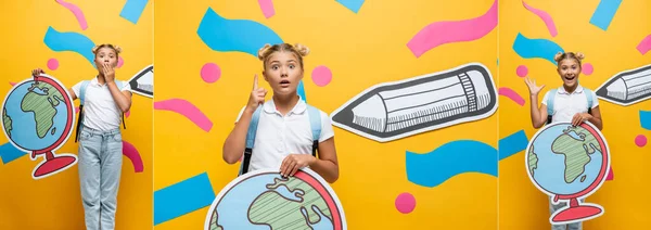 Collage Emotional Schoolgirl Globe Maquette Covering Mouth Showing Idea Sign — Stock Photo, Image