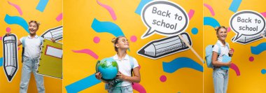 Sarı arka planda dünya, kitap ve kağıt sanatları tutan okul çocuklarının kolajı