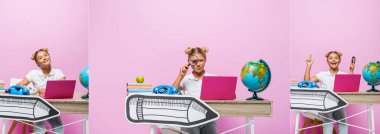 Louise 'i dizüstü bilgisayar, dünya ve kağıt üzerinde pembe arka planda tutan kız kolajı.