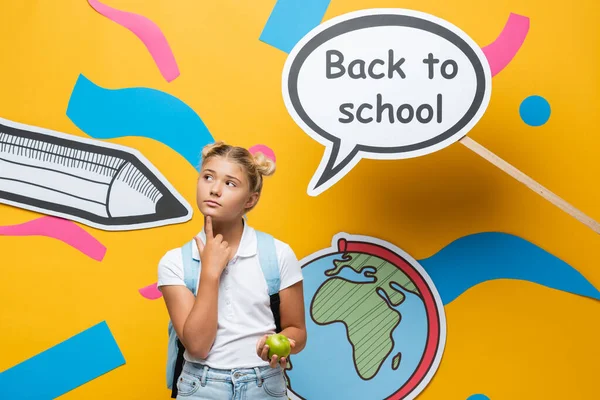 Thoughtful Schoolchild Apple Backpack Standing Paper Speech Bubble Back School — Stock Photo, Image
