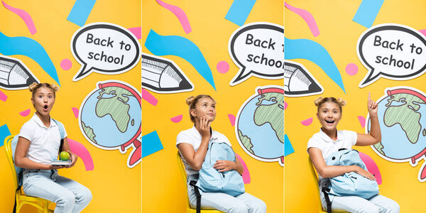 Collage of excited and dreamy schoolgirl with apple and backpack sitting on chair near speech bubble and paper art on yellow background