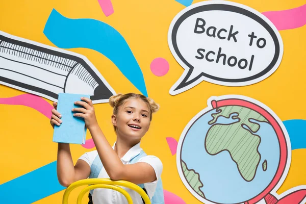 Schoolgirl Holding Book Speech Bubble Back School Lettering Paper Art — Stock Photo, Image