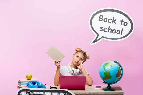 Tired Kid Holding Book Gadgets Globe Speech Bubble Back School — Stock Photo, Image