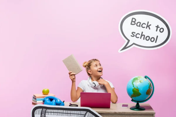 Schoolgirl Holding Book Looking Speech Bubble Back School Lettering Gadgets — Stock Photo, Image