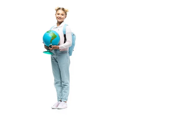 Schoolchild Backpack Holding Globe White Background — Stock Photo, Image