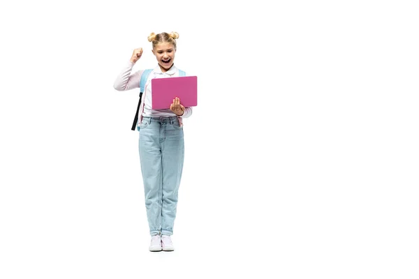 Studentessa Che Tiene Computer Portatile Mostra Gesto Sfondo Bianco — Foto Stock