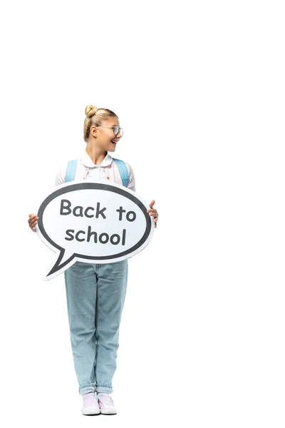 Schoolgirl Holding Speech Bubble Back School Lettering White Background — Stock Photo, Image