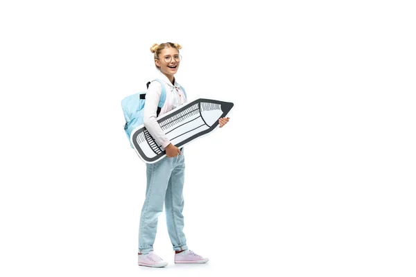 Schoolkid Backpack Holding Paper Pencil White Background — Stock Photo, Image