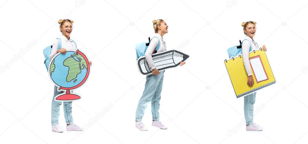 Collage of schoolkid holding paper globe, pencil and notebook on white background