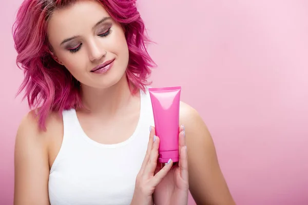 Young Woman Colorful Hair Holding Tube Cosmetic Cream Isolated Pink — Stock Photo, Image