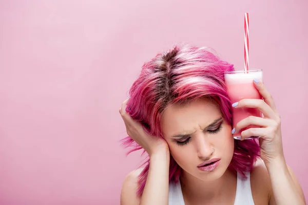 Young Woman Colorful Hair Headache Holding Strawberry Milkshake Head Isolated — Stock Photo, Image