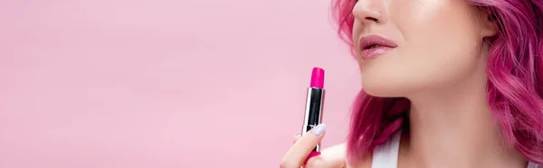 Bijgesneden Weergave Van Jonge Vrouw Met Lippenstift Geïsoleerd Roze Panoramische — Stockfoto