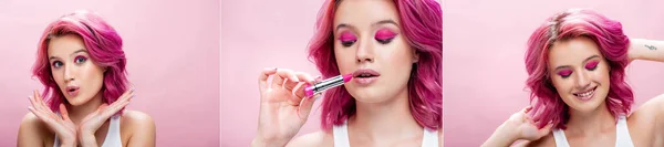 Collage Young Woman Colorful Hair Holding Lipstick Isolated Pink Panoramic — Stock Photo, Image