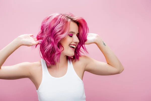 Young Woman Touching Colorful Hair Isolated Pink — Stock Photo, Image