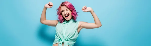 Excited Young Woman Pink Hair Gesturing Blue Background Panoramic Shot — Stock Photo, Image